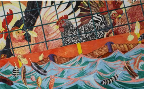 Mark Thomas Gibson, Coming Home, 2025. The artist painted the chickens in the work as a tribute to the Miami neighborhoods where the birds roam freely. / Image courtesy of the artist and KDR