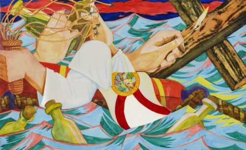 Mark Thomas Gibson, Conspirators, 2025. The painting pairs the Florida state flag with Ku Klux Klan imagery. / Image courtesy of the artist and KDR