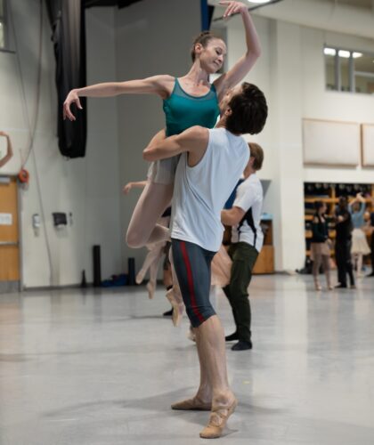 Nicole Stalker & Steven Loch rehearsing Roses from the South, Three Waltzes for Toby choreographed by Alexei Ratmansky. Courtesy of Miami City Ballet