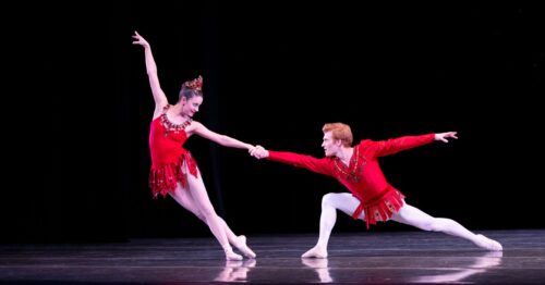 Jennifer Lauren and Alexander Peters, his partnering anchoring the extreme angularity of Rubies from "Jewels." Choreography by George Balanchine. (Photo by Alexander Iziliaev, courtesy of Miami City Ballet