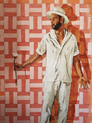 Pedro Delgado Anjos: "Pinturas funfun #2," 2026. Acrylic on canvas. 43.3 x 55 in. (Photo by Zachary Balber)