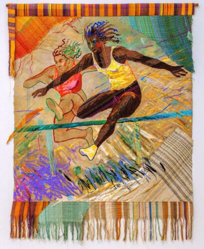 Emma Amos’s “Hurdlers I” (1983) blends painting and textile, depicting women athletes in mid - leap while incorporating handwoven elements that reference African kente cloth. (Photo by Lazaro Llanes; courtesy of Perez Art Miami Museum