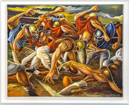 Ernie Barnes’s “Fumble in the Line” (1990), wh ere football players are depicted in exaggerated, almost sculptural forms, their bodies colliding in a chaotic struggle that evokes both the violence and the beauty of the game. (Photo by Lazaro Llanes; courtesy of Perez Art Miami Museum