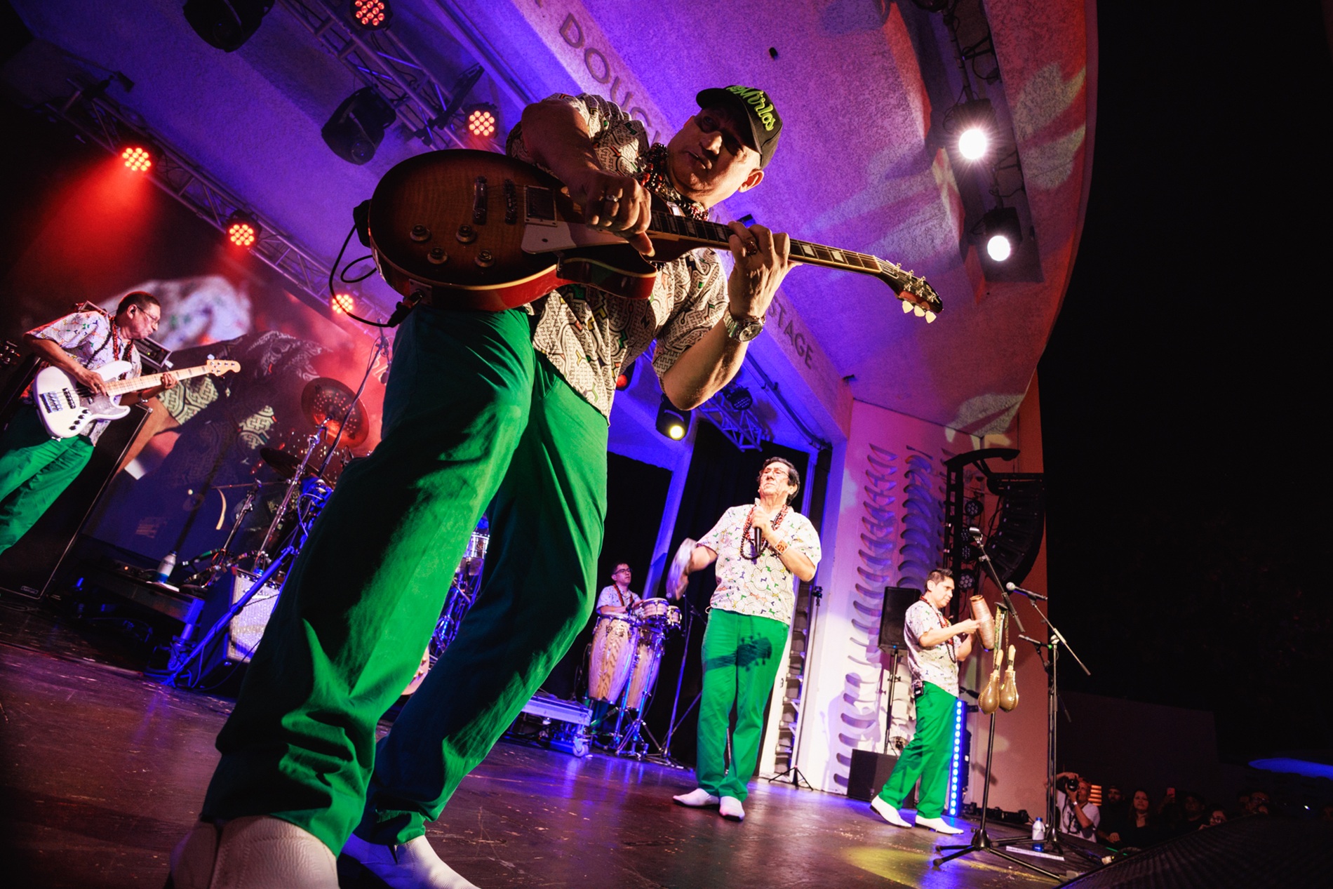 Founded in 1973, the Peruvian group Los Mirlos pioneered the sound of psychedelic Amazonian cumbia, a catchy blend of disparate elements such Colombian cumbia, traditional jungle rhythms and surf guitar. Pictured here at their Bandshell performance in April, 2025. Los Mirlos perform at the Bandshell BeachClub Saturday. Photo by Osmany Torres courtesy of The Rhythm Foundation