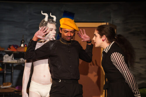 Manuel Bonilla, Richard Lewis and River Iraida Estrada in "The Exhibit" at LakehouseRanchPNG through Sunday, April 4. (Photo by Zachary Oshaughnessy, courtesy of LakehouseRanchPNG)